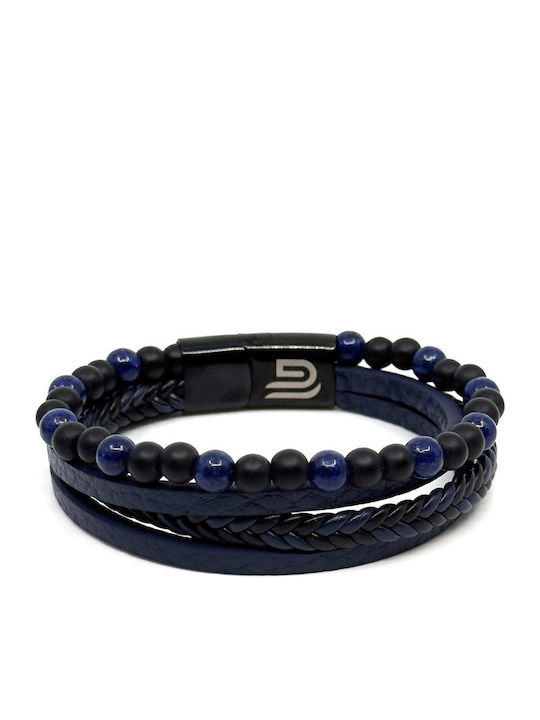 Blue Leather Bracelet Stainless Steel Volcanic Stones