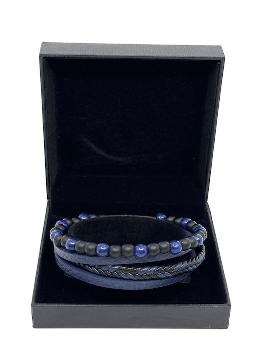 Blue Leather Bracelet Stainless Steel Volcanic Stones