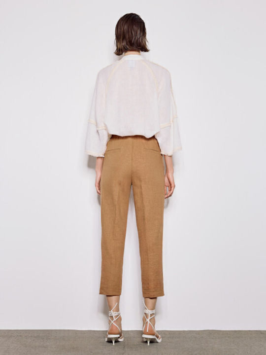 Damen Stoff Capri Hose mit Gummizug Choco