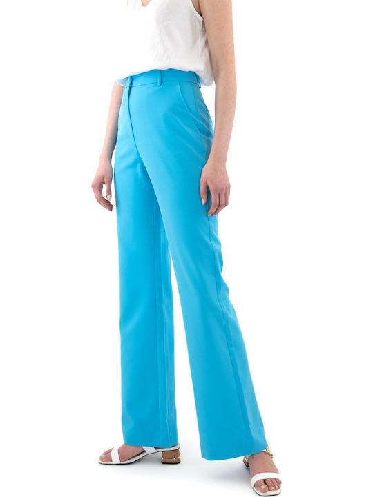 PANTS Γυναικείο Ψηλόμεσο Υφασμάτινο Παντελόνι σε Ίσια Γραμμή Γαλάζιο