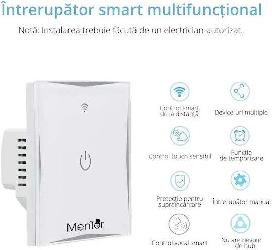 Comutator De Perete Electric Încastrat Tactil Wi-Fi Sens Unic Cu Ramă Comutatoare De Perete Electrice Alb
