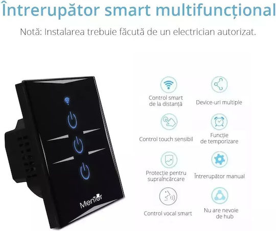 Comutator De Perete Electric Încastrat Tactil Wi-Fi Triplu Cu Ramă Neagră