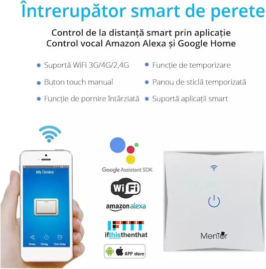 Comutator De Perete Electric Încastrat Tactil Wi-Fi Sens Unic Cu Ramă Comutatoare De Perete Electrice Alb