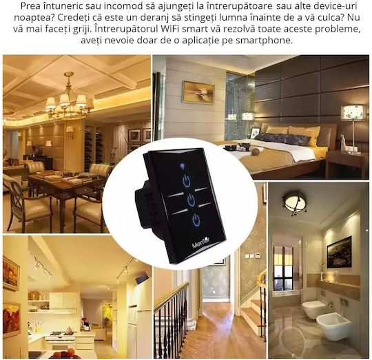 Comutator De Perete Electric Încastrat Tactil Wi-Fi Triplu Cu Ramă Neagră