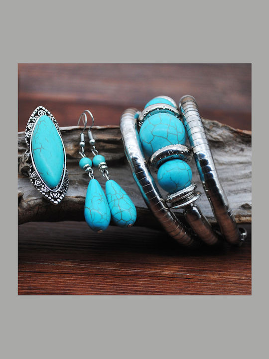 Vintage Boho Turquoise Stone Necklace Earrings Bracelet Set