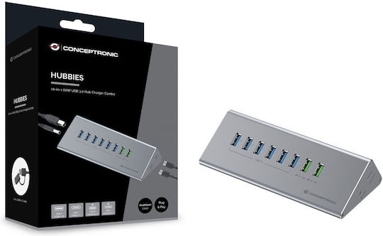 Conceptronic Hub 10 Porturi USB 3.0 cu Conectare USB-C Gri