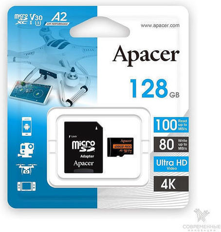 Apacer SDXC 128GB U3 V30 A2 UHS-I 100MB/s with Adapter
