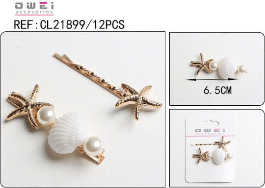 Set 2 Hair Pins Length 6.5cm Pearls Shells Gold Golden