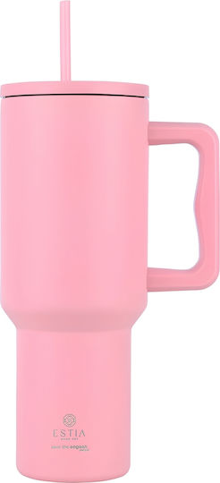 Estia Straw Tumbler XL Save the Aegean Recyclable Handled Tumbler Thermos Stainless Steel BPA Free 1.2lt Blossom Rose with Straw and Handle