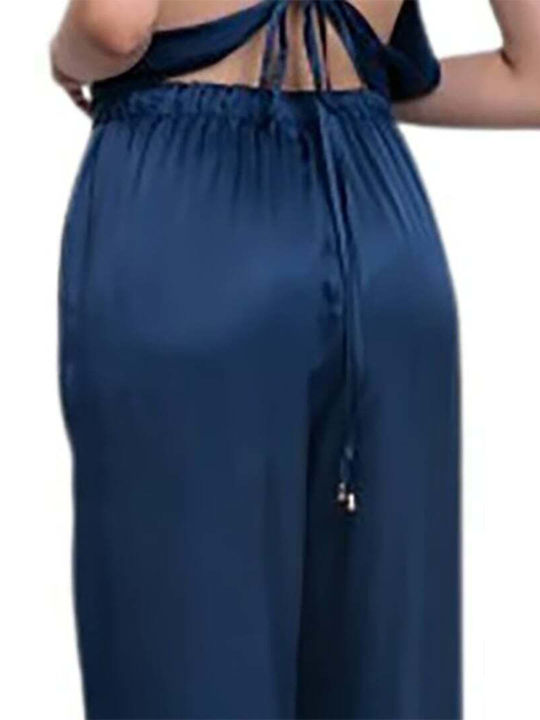 Women's High Waist Fabric Trousers with Rubber Band in Blue