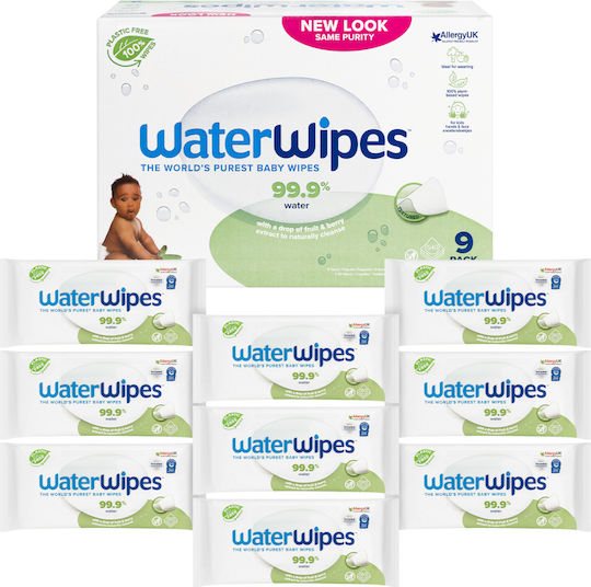 WaterWipes Hypoallergenic Baby Wipes 99.9% Water Alcohol-Free & Parabens Free 9x60pcs