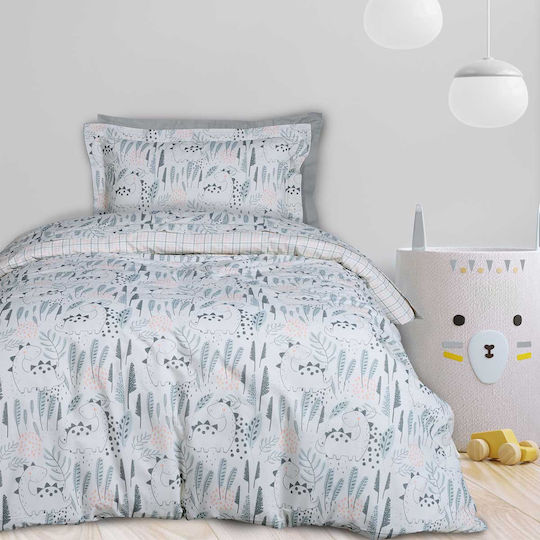 Das Home Happy Dino Σετ Παιδική Παπλωματοθήκη Μονή με Μαξιλαροθήκη Πρασινο-σομον-γκρι 160x240εκ.