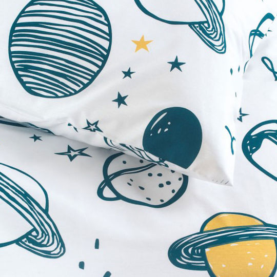 Rythmos Saturn Σετ Παιδική Παπλωματοθήκη Μονή με Μαξιλαροθήκη Βαμβακερή Λευκό 160x250εκ.