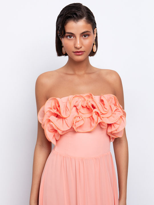 Καλοκαιρινό Maxi Φόρεμα για Γάμο / Βάπτιση Strapless Ροδακινί