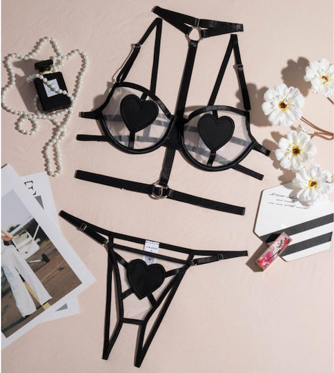 Fiji Transparent Sexy Lingerie Set Underwire Straps Heart On Nipple