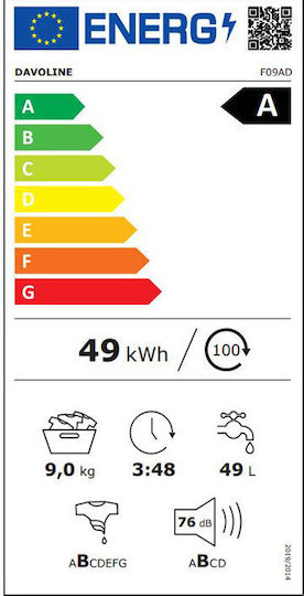 Davoline F09ad Πλυντήριο Ρούχων 9kg 1400 Στροφών 801222101