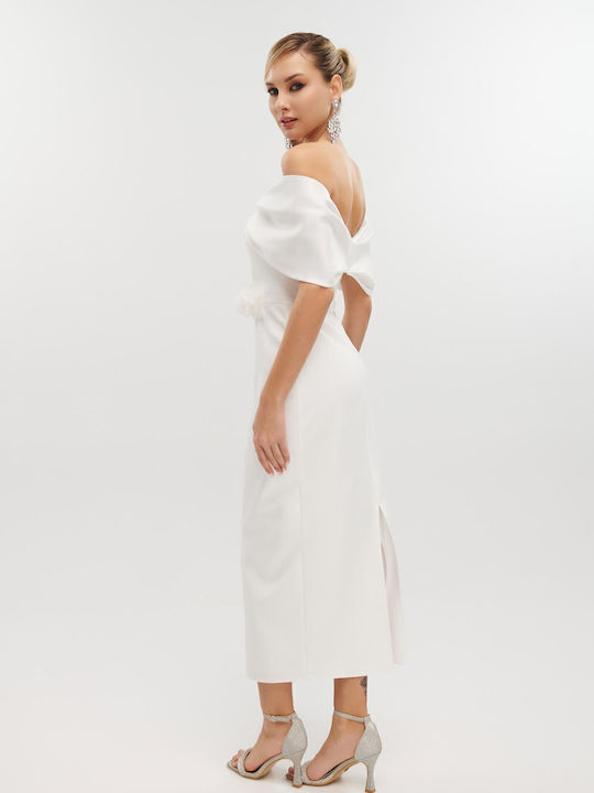 Midi Dress for Wedding / Baptism Satin Off-Shoulder White