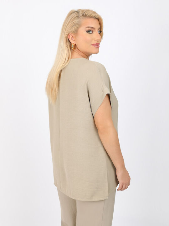 Damen Sommer Bluse Leinen Beige