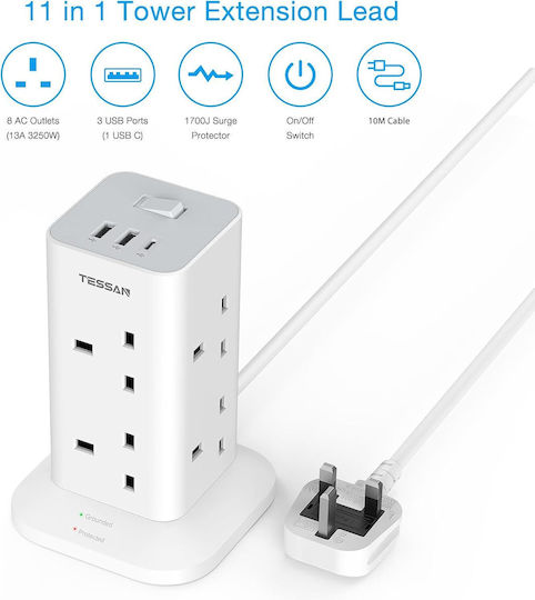 Tessan Power Strip Safety 8 Sockets with 2 USB-A, USB-C, Switch and 2m Cable Red