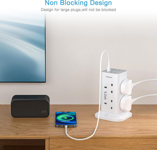 Tessan Power Strip Safety 8 Sockets with 2 USB-A, USB-C, Switch and 2m Cable Red