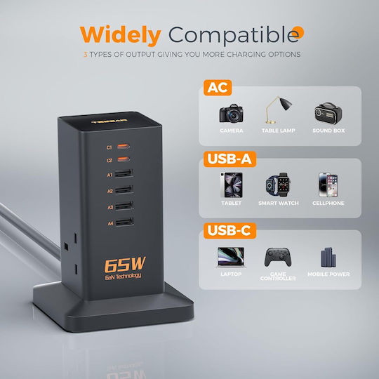 Tessan Πολύπριζο 8 Θέσεων με USB-A, 2 USB-C και Καλώδιο 2m