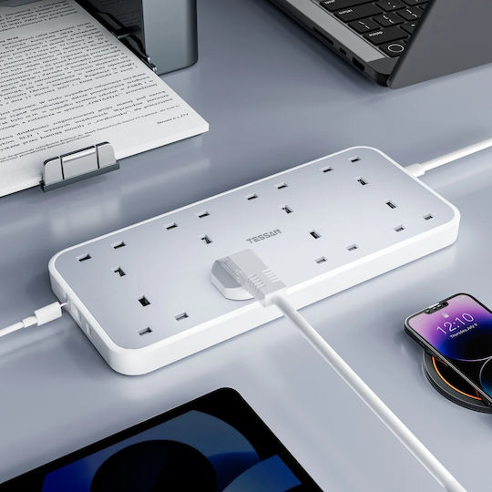 Tessan Πολύπριζο 8 Θέσεων με 2 USB-A, USB-C, Διακόπτη και Καλώδιο 2m Μπλε