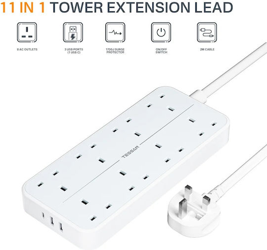 Tessan Πολύπριζο 8 Θέσεων με 2 USB-A, USB-C, Διακόπτη και Καλώδιο 2m Μπλε