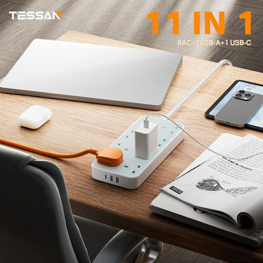 Tessan Πολύπριζο 8 Θέσεων με 2 USB-A, USB-C, Διακόπτη και Καλώδιο 2m Μπλε