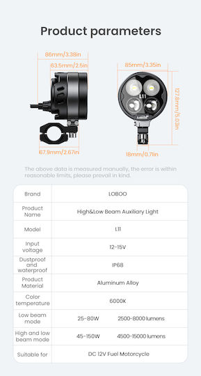L11 Motorcycle Auxiliary Lights – 15000lm High Low Beam 3 Warning Modes