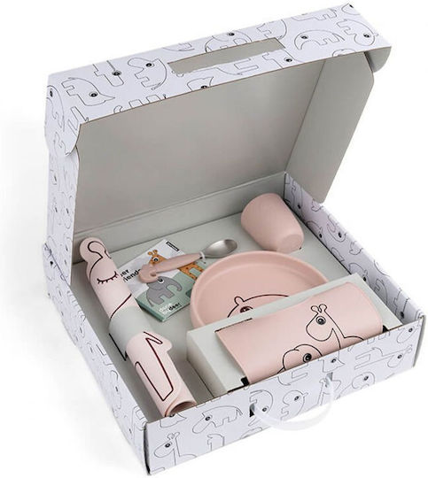 Done by Deer Set de hrănire Gift Box Deer Friends din Silicon cu Bază Antiderapantă Roz 5buc