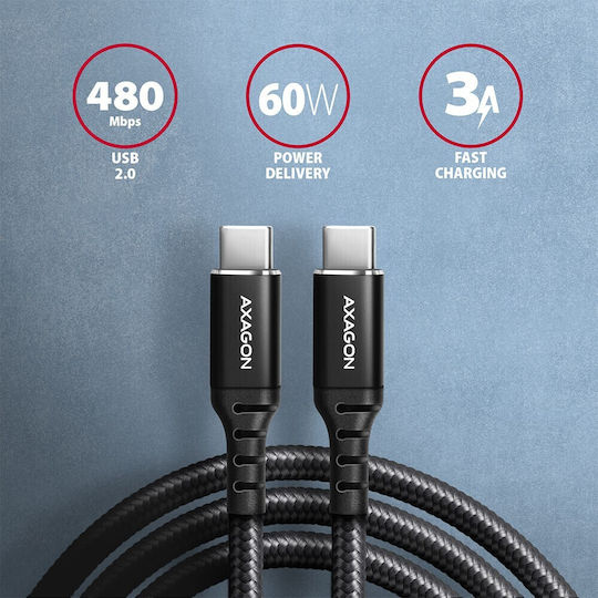 Axagon USB 2.0 Cable USB-C male - USB-C 60W PD Μαύρο 1.5m AKAXNTUCMCM15AB
