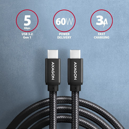 Axagon Braided USB 3.2 Cable USB-C male - USB-C 60W PD Μαύρο 1.5m BUCM3-CM15AB