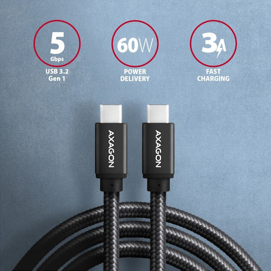 Axagon Braided USB 3.0 Cable USB-C Male - USB-C 60W PD Black 1m