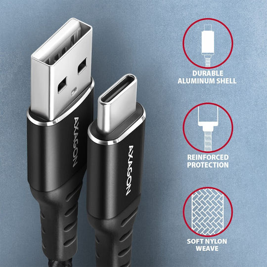 Axagon Braided USB 2.0 Cable USB-C male - USB-A 60W Black 1.5m (BUCM-AM15AB)