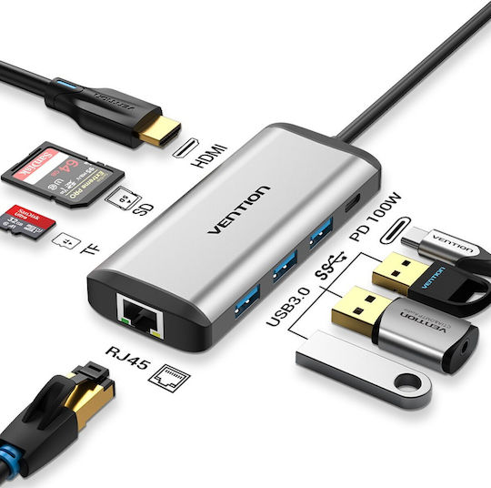 Vention Hub 10 Θυρών USB 3.2 με σύνδεση USB-C / USB-A / Ethernet Ασημί