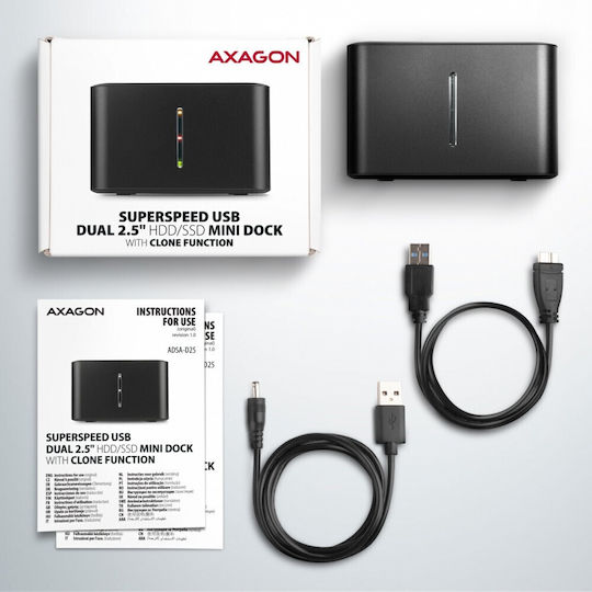 Axagon Докинг Станция За 2 Твърди Диска SATA 2.5" С Връзка USB 2.0 / USB 3.0 / USB 3.1 (ADSA-D25)