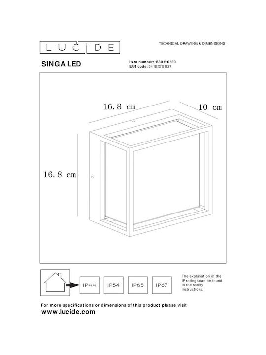 Lucide Lightning Singa Επιτοίχια Εξωτερική Πλαφονιέρα LED IP54 9.6W με Θερμό Λευκό Φως
