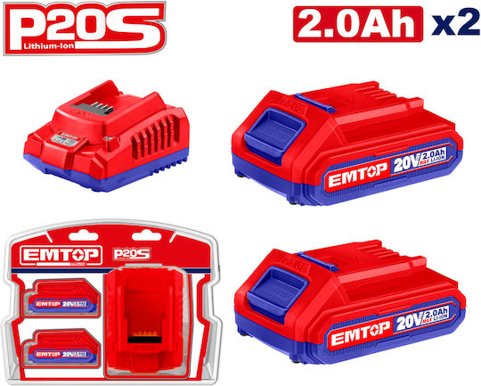 Emtop Set 2 Werkzeugbatterien Lithium 20V Kapazität 2Ah mit Ladegerät