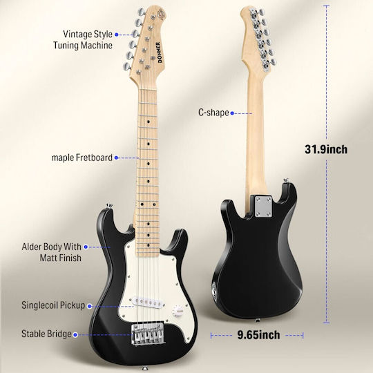 Donner Dsj-100bk Set Elektrische Gitarre Mini 3/4 Schwarze