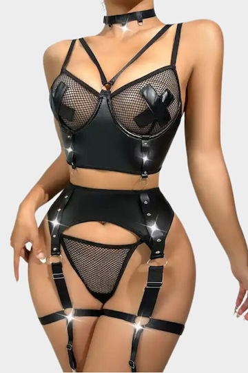 Set De Lenjerie Sexy Intimă Erotic 4 Piese Pentru Femei Din Piele Ecologică Plasă De Pește Accesorii Metalice Negru