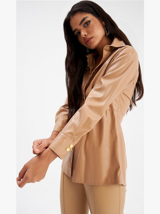 Women's Leather Long Sleeve Shirt Hazelnut
