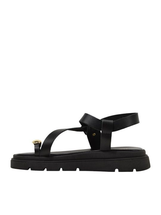 Leather Women's Flat Sandals in Black Color
