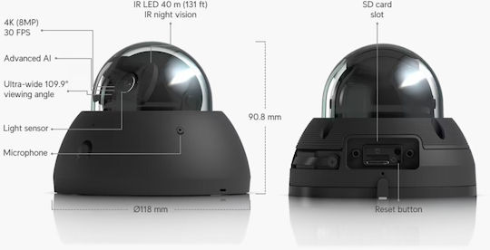 Ubiquiti UVC-AI-Dome-B IP Surveillance Camera 4K Waterproof with Microphone and Lens 2.8mm