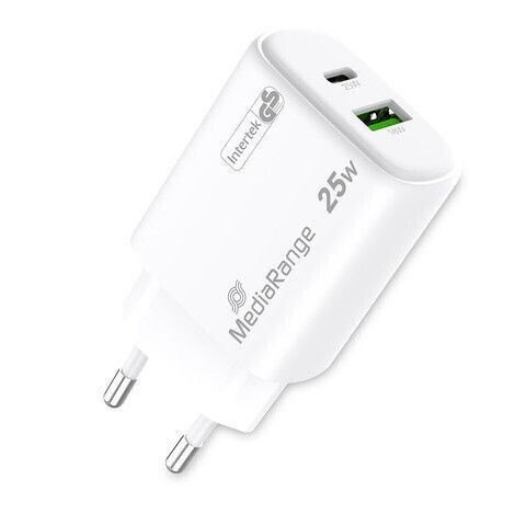 MediaRange Зарядно без кабел GaN с USB-A порт и USB-C порт 25W Power Delivery Бял (MRMA112-2)