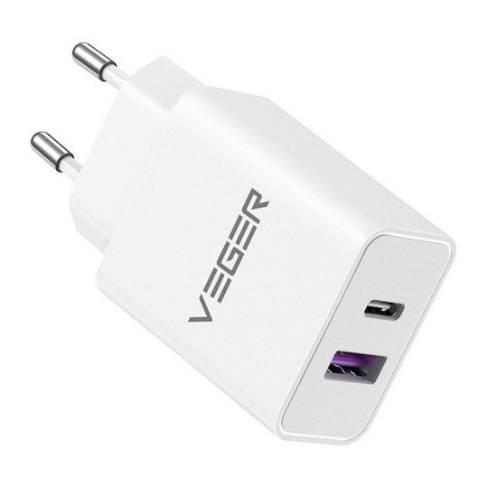 Veger Φορτιστής Χωρίς Καλώδιο GaN με Θύρα USB-A και Θύρα USB-C 65W Power Delivery / Quick Charge 3.0 / SuperCharge Λευκός (TC650)