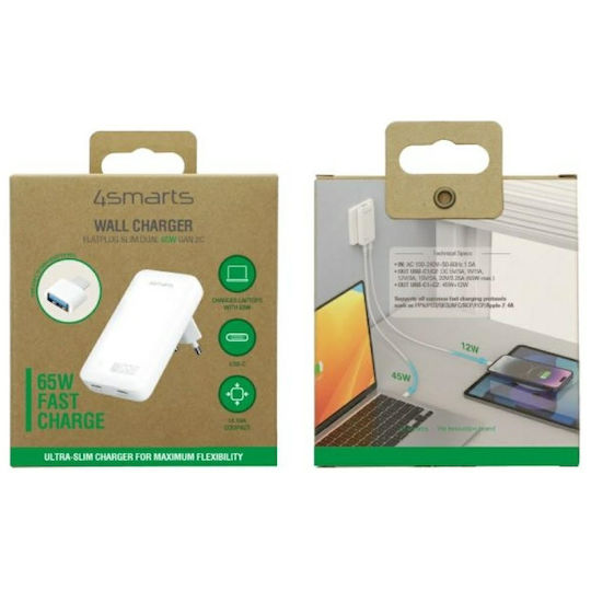 4Smarts Φορτιστής Χωρίς Καλώδιο GaN με 2 Θύρες USB-C 65W Power Delivery Λευκός (FlatPlug Slim)