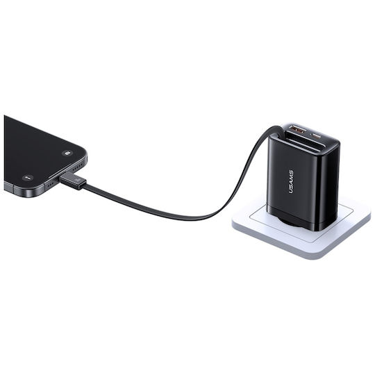 Usams Ladegerät mit integriertem Kabel GaN mit USB-A Anschluss und USB-C Anschluss USB-C 30W Stromlieferung Schwarzs (CC296)