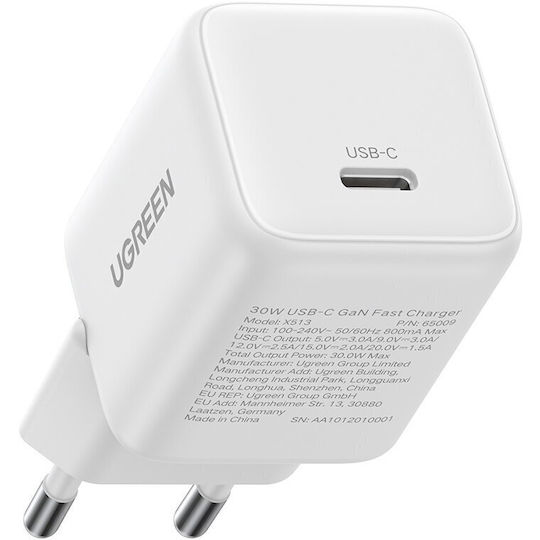 Ugreen Charger Without Cable GaN with USB-C Port 30W Power Delivery / Quick Charge 4.0 Whites (X513)