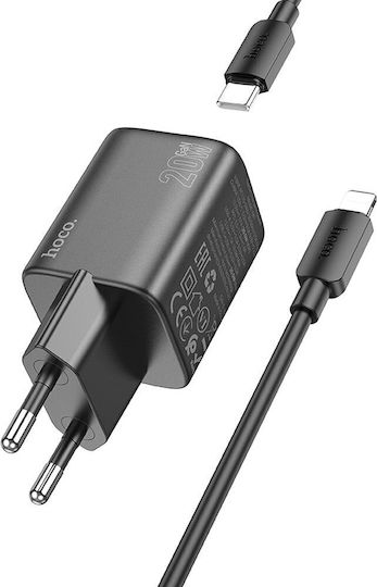 Hoco Încărcător cu Port USB-A și Port USB-C și Cablu USB-C - Lightning 20W Livrarea energiei / Quick Charge 3.0 Negruς (N41)