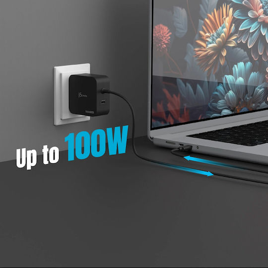 J5create Charger with Built-in Cable GaN with USB-C Port USB-C 102W Power Delivery Blacks (JUP25102V-N)